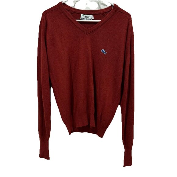 Vintage 80’s‎ Lacoste Izod Maroon Tight Knitted V Neck Pullover Sweater Unisex S - Picture 1 of 9